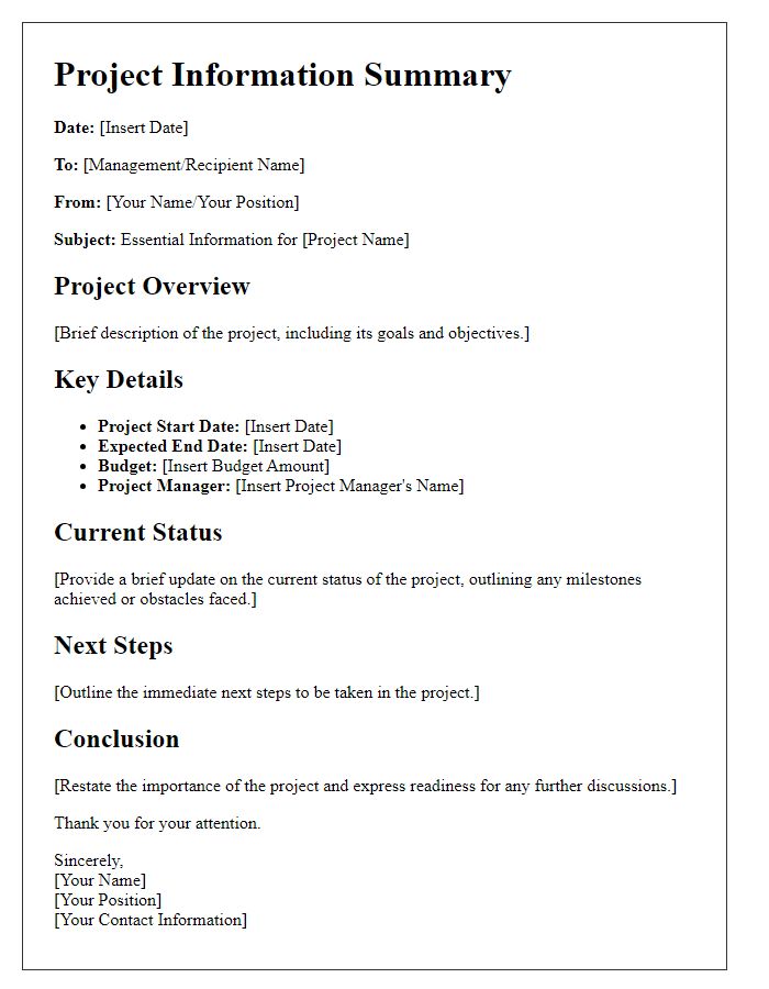 Letter template of essential project information for management