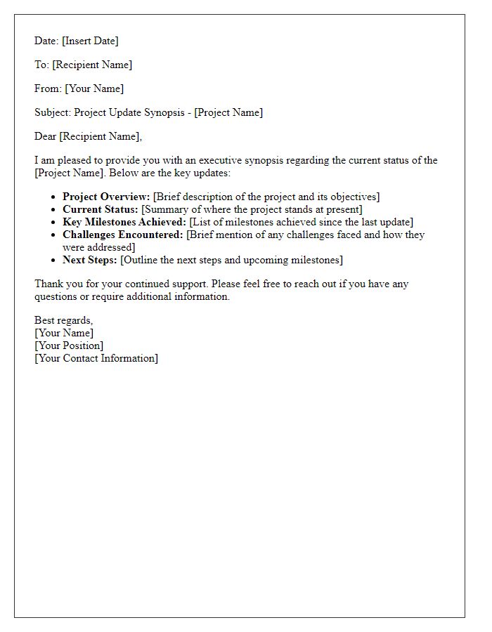 Letter template of executive synopsis for project updates