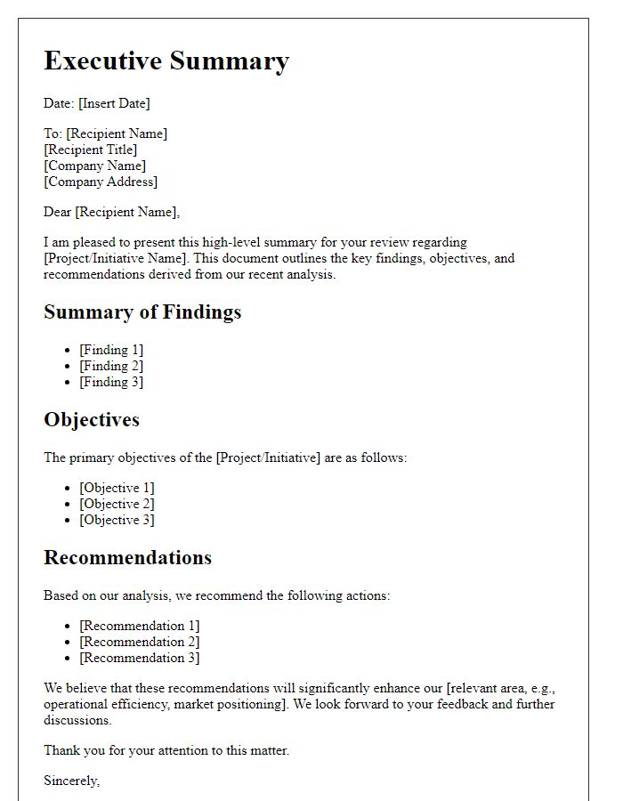 Letter template of high-level summary for executive review