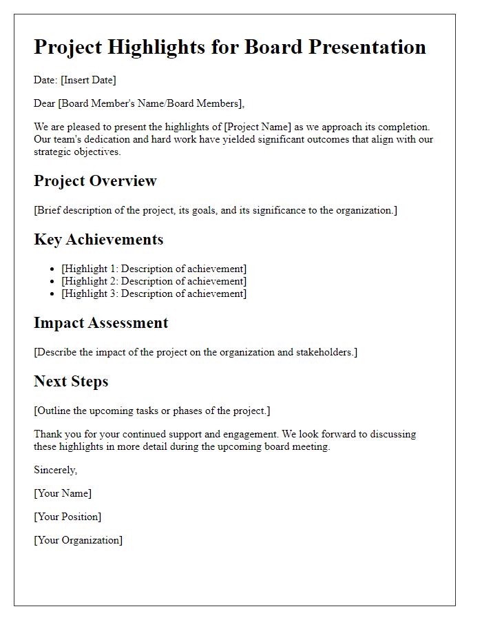 Letter template of project highlights for board presentation