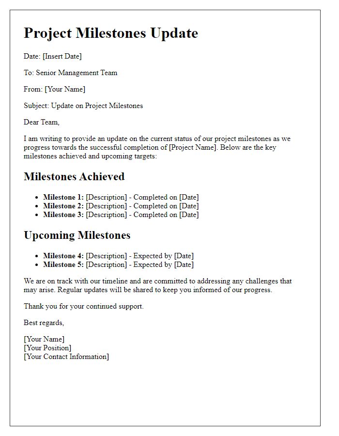 Letter template of project milestones for senior management