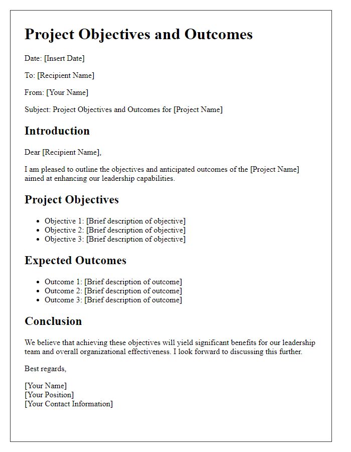 Letter template of project objectives and outcomes for leadership