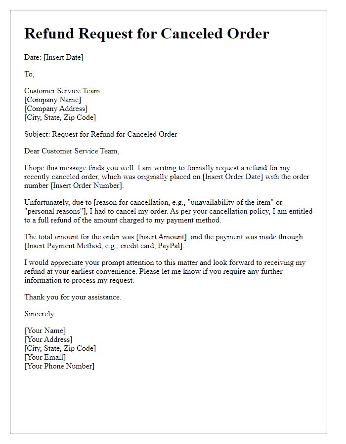 Letter template of refund request for canceled order