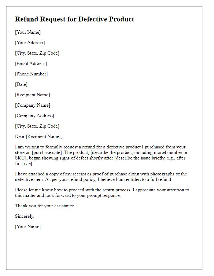 Letter template of refund request for defective product