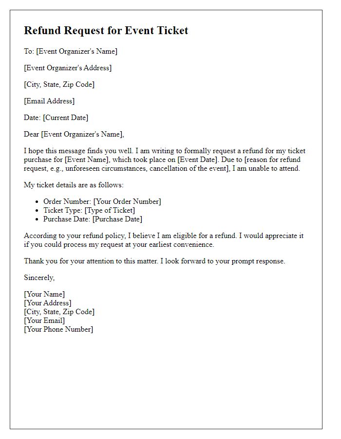 Letter template of refund request for event ticket