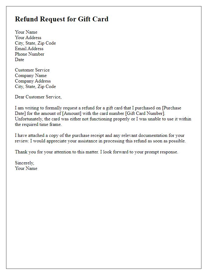 Letter template of refund request for a gift card