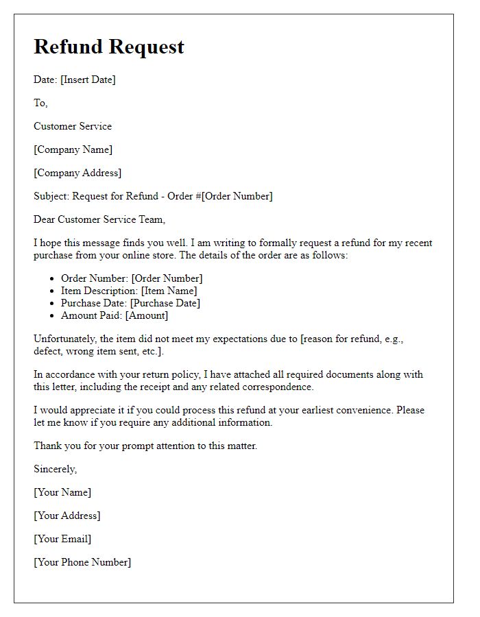 Letter template of refund request for online purchase