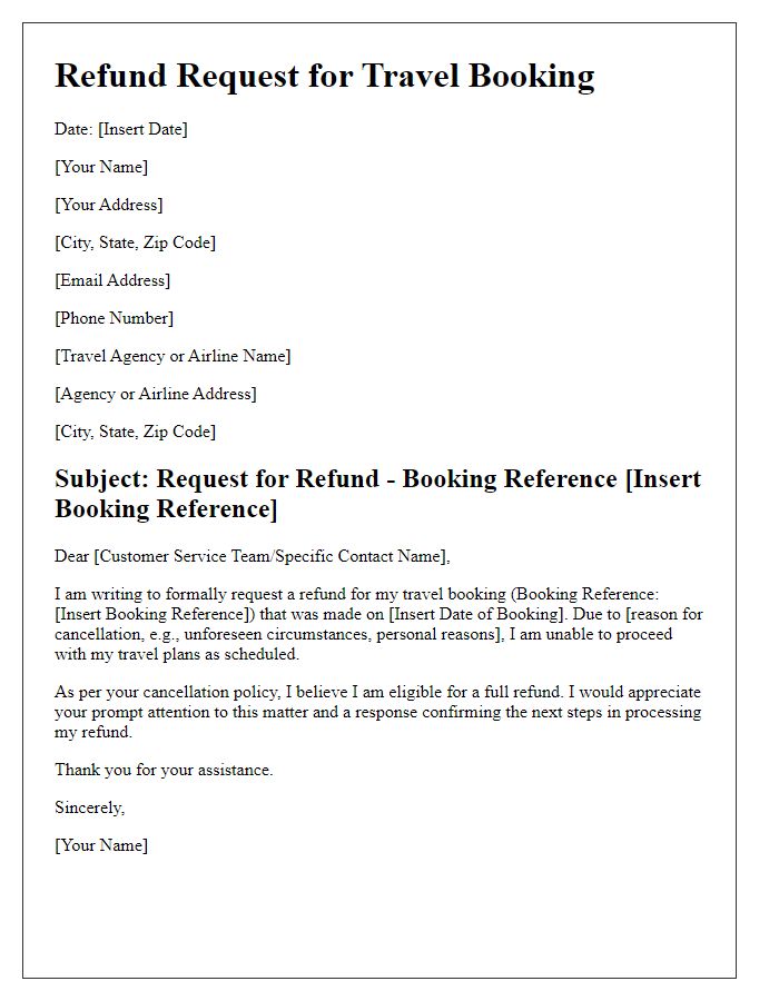 Letter template of refund request for travel booking