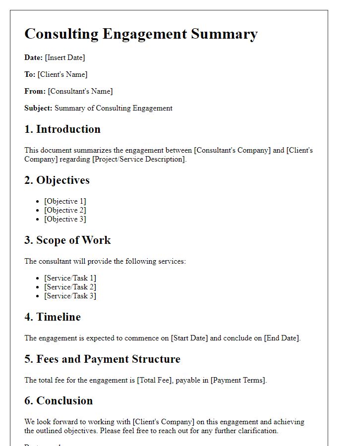 Letter template of consulting engagement summary