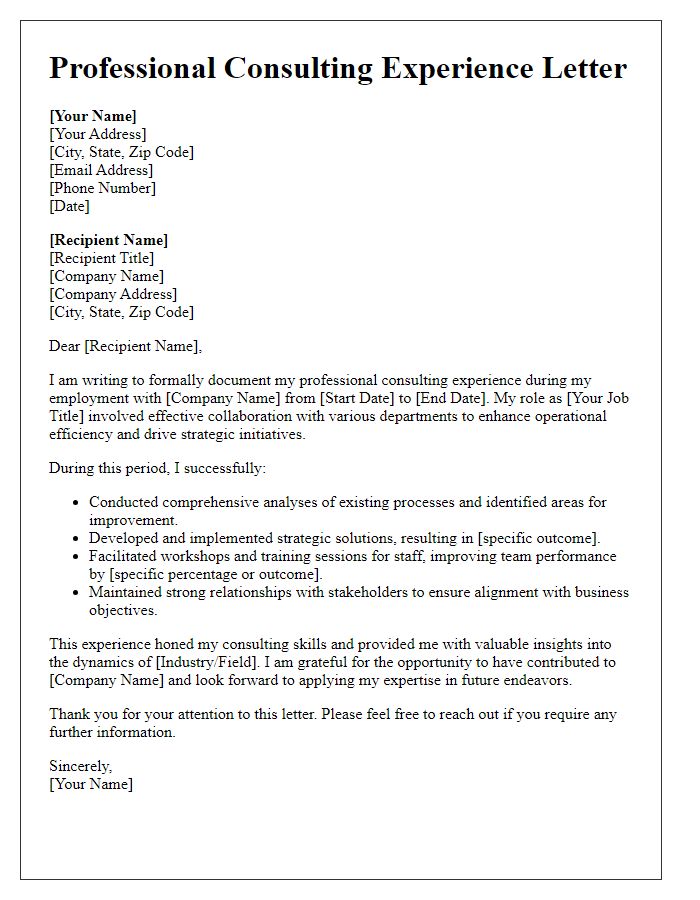 Letter template of professional consulting experience