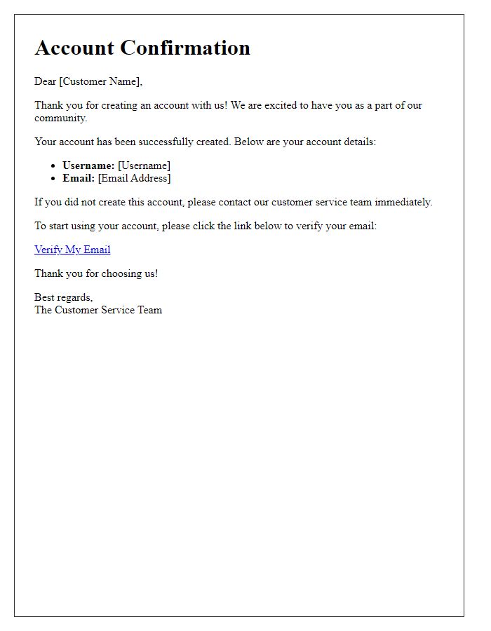 Letter template of customer service account confirmation