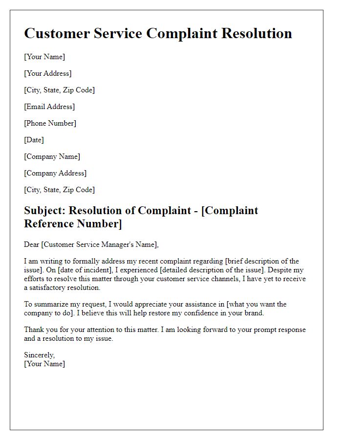 Letter template of customer service complaint resolution