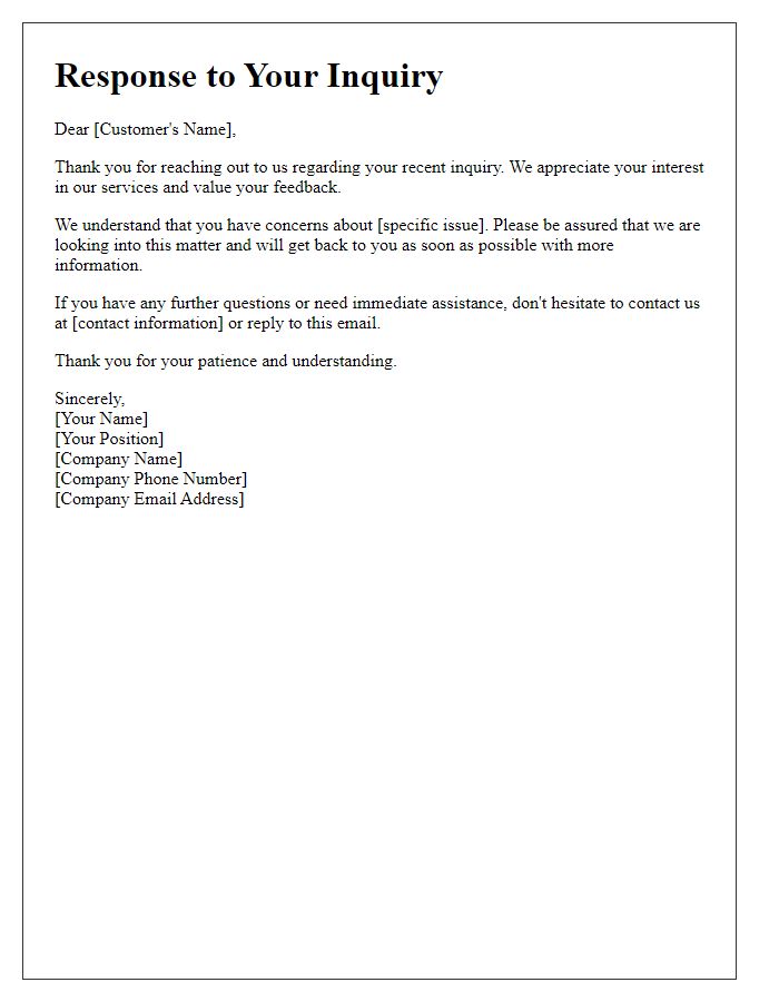 Letter template of customer service inquiry response