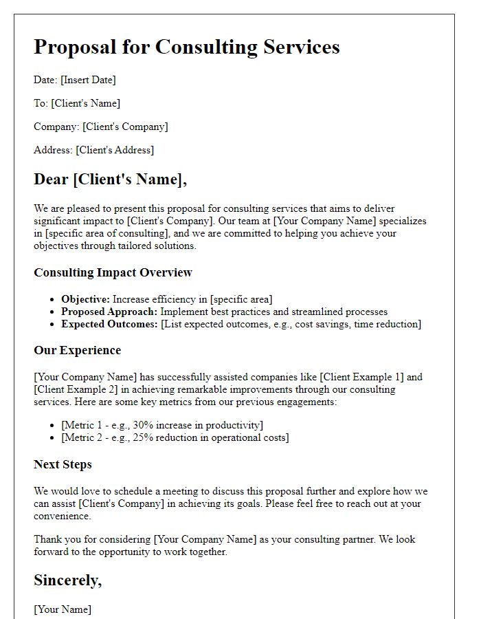 Letter template of a proposal showcasing consulting impact