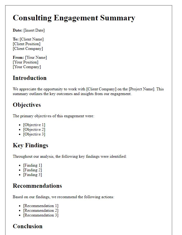 Letter template of a successful consulting engagement summary