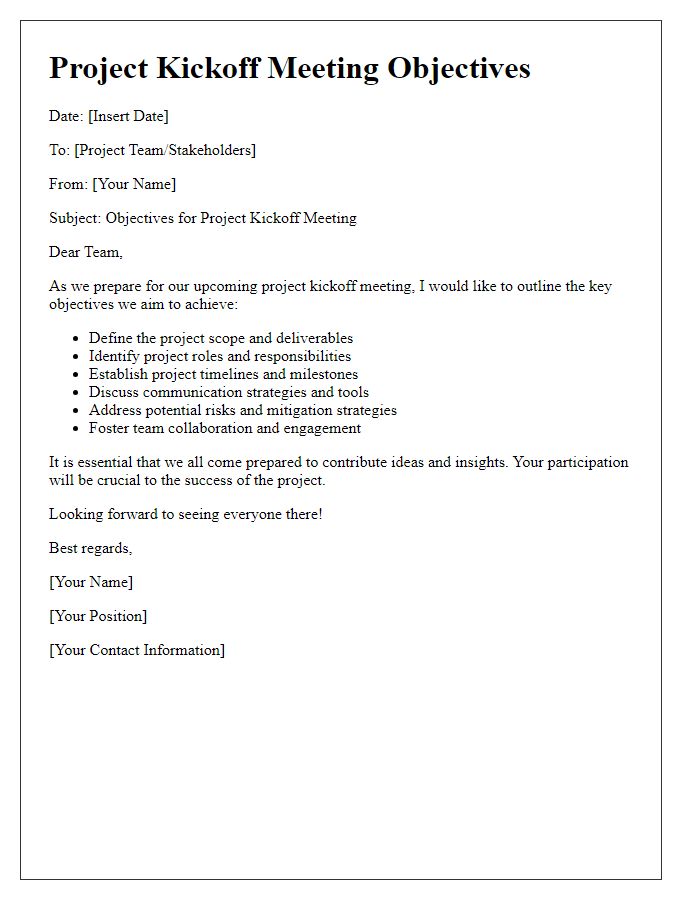 Letter template of project kickoff meeting objectives