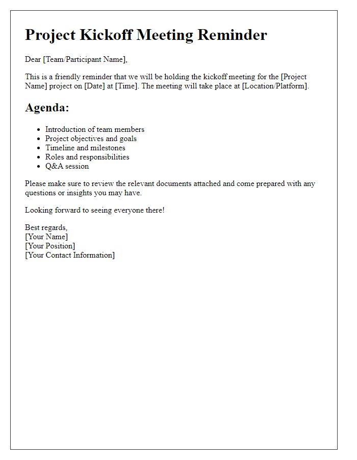 Letter template of project kickoff meeting reminders