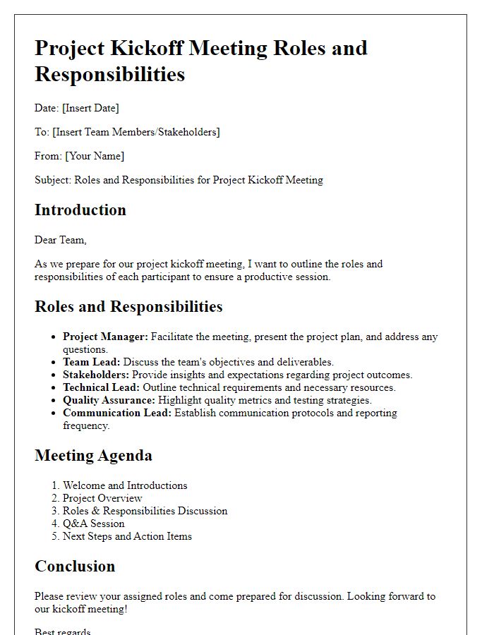 Letter template of project kickoff meeting roles and responsibilities