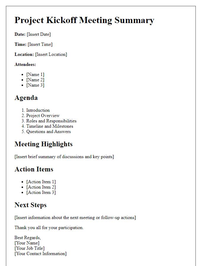 Letter template of project kickoff meeting summary