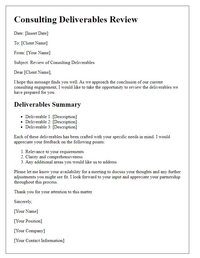 Letter template of consulting deliverables review