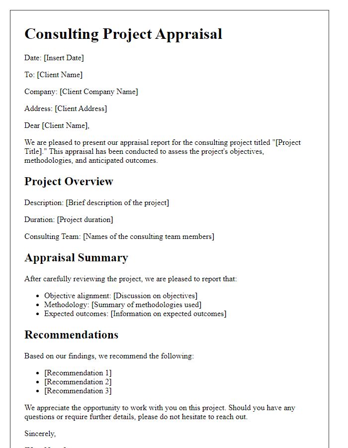 Letter template of consulting project appraisal