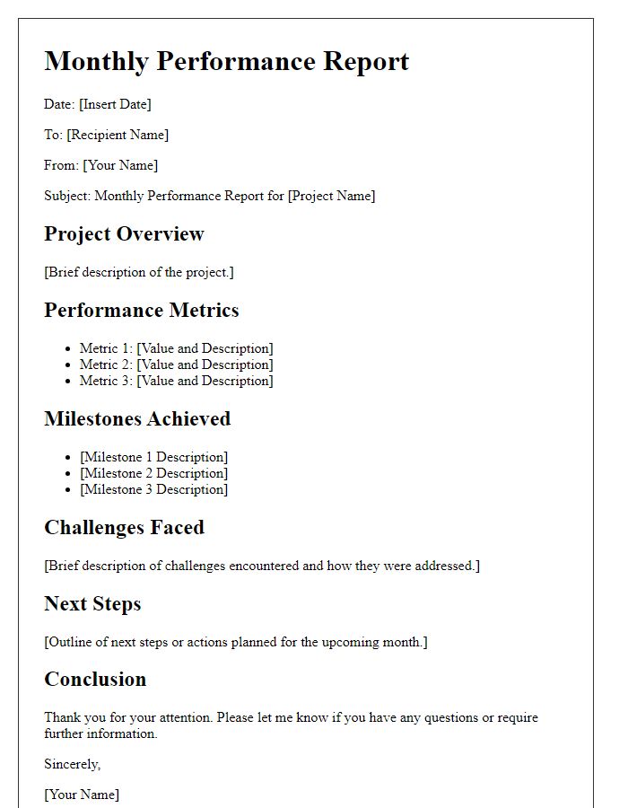 Letter template of monthly performance report for projects