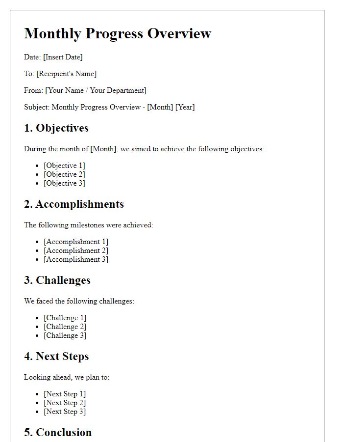 Letter template of monthly progress overview