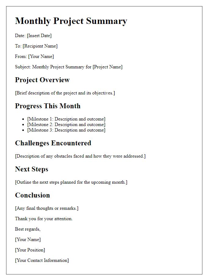 Letter template of monthly project summary