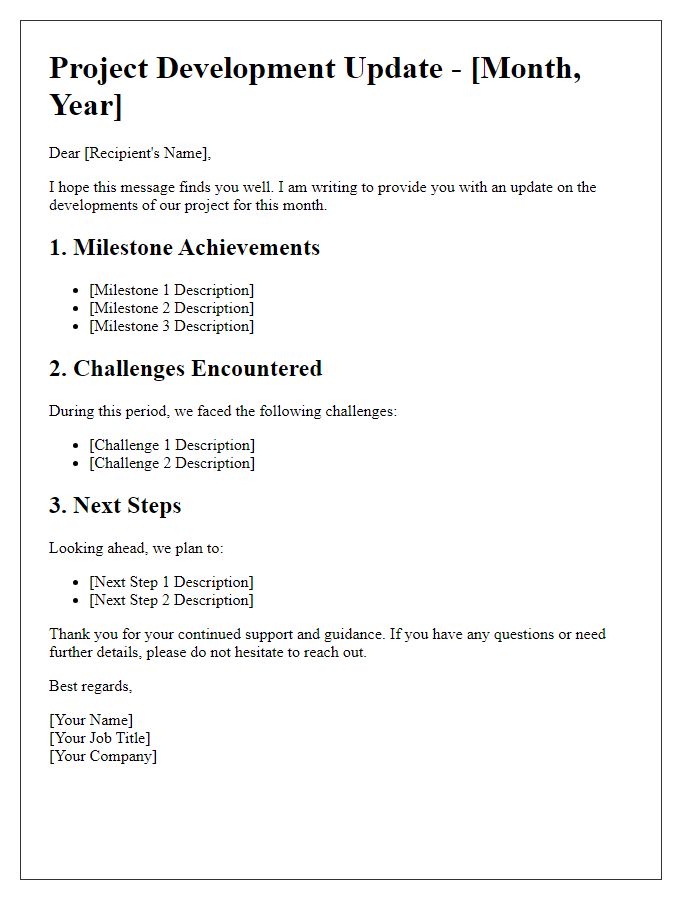 Letter template of project developments this month