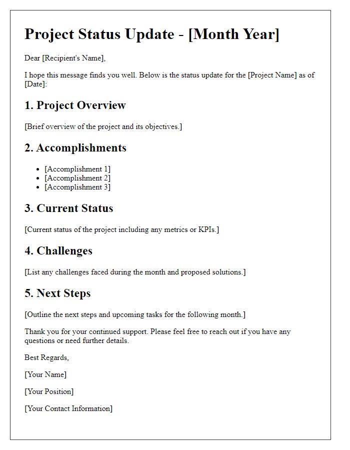 Letter template of project status update for the month