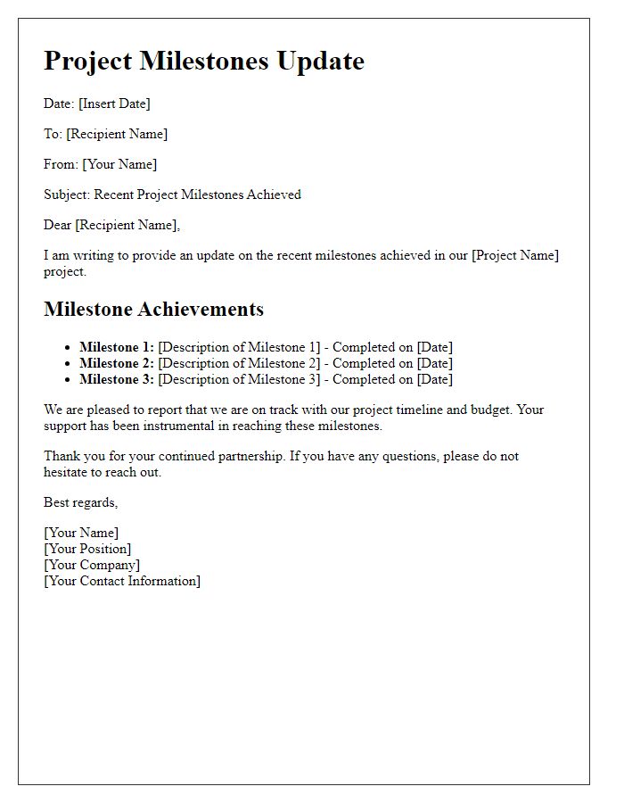 Letter template of recent project milestones