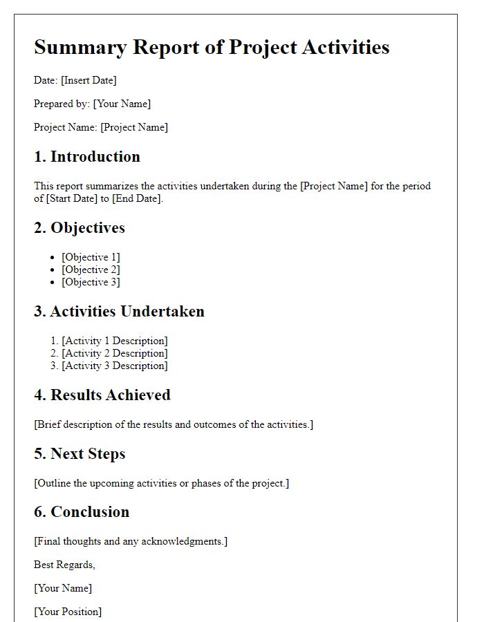 Letter template of summary report for project activities