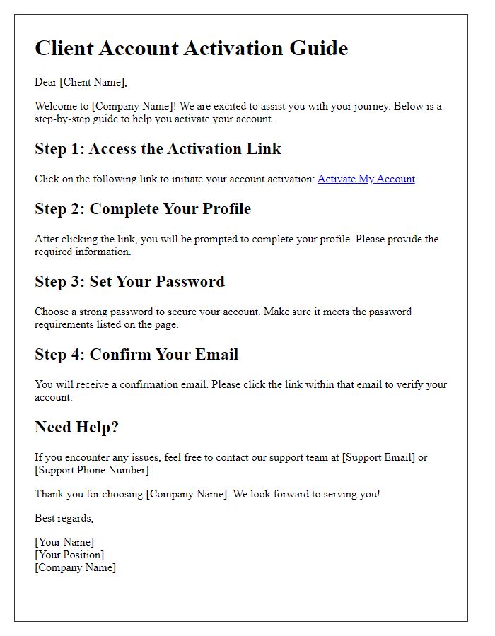 Letter template of Client Account Activation Guide