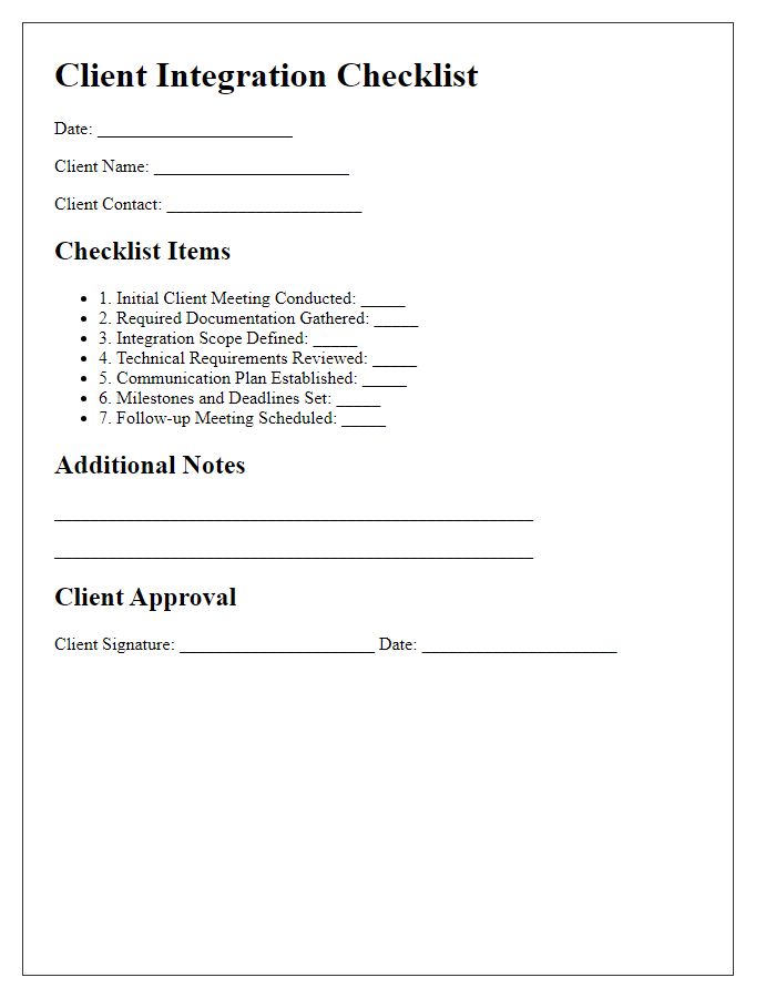 Letter template of Client Integration Checklist