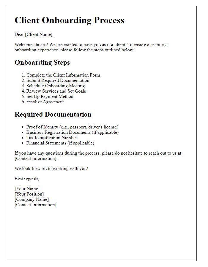 Letter template of Client Onboarding Steps and Requirements