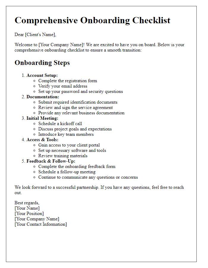 Letter template of Comprehensive Onboarding Checklist for Clients