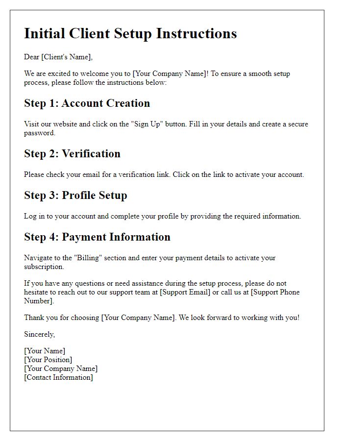 Letter template of Initial Client Setup Instructions