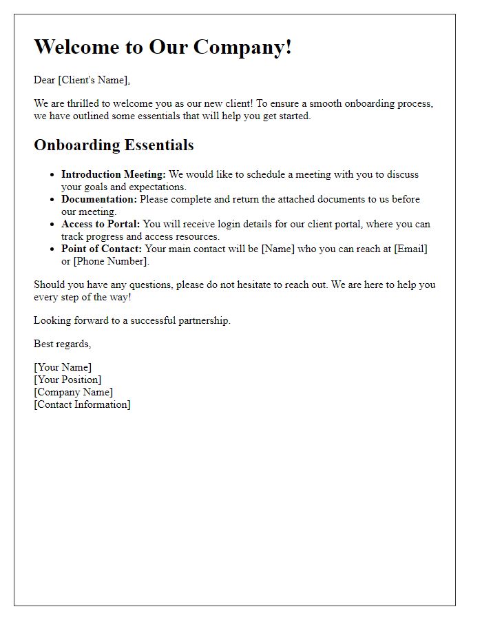 Letter template of Onboarding Essentials for New Clients