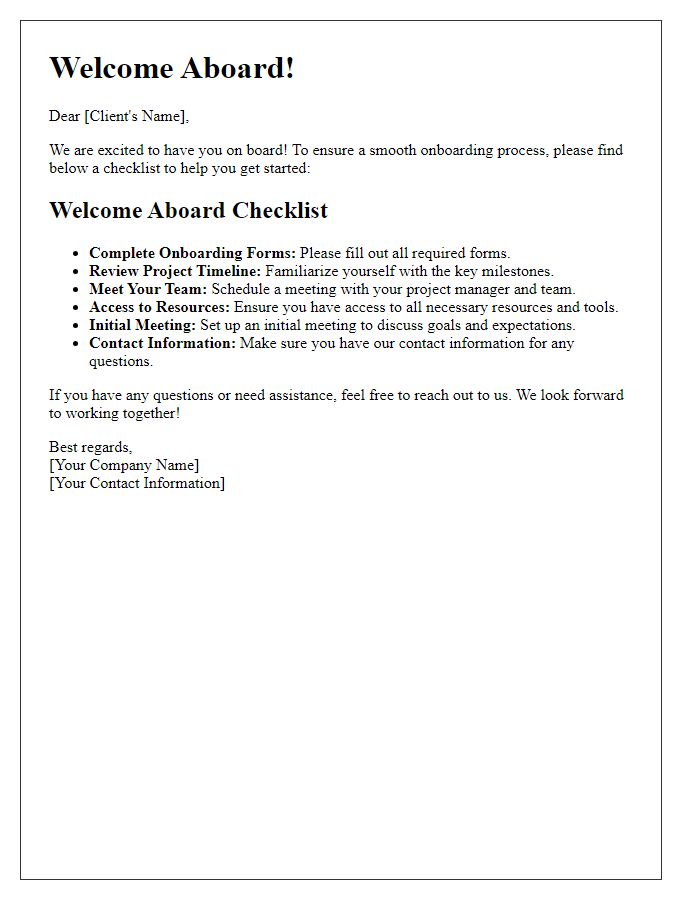 Letter template of Welcome Aboard Checklist for Clients