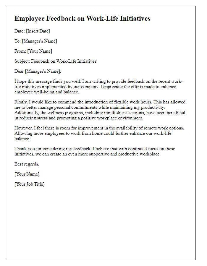 Letter template of employee feedback on work-life initiatives