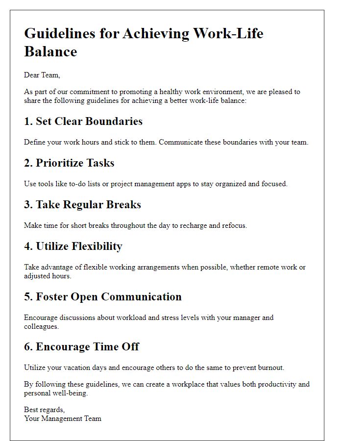 Letter template of guidelines for achieving work-life balance in the workplace