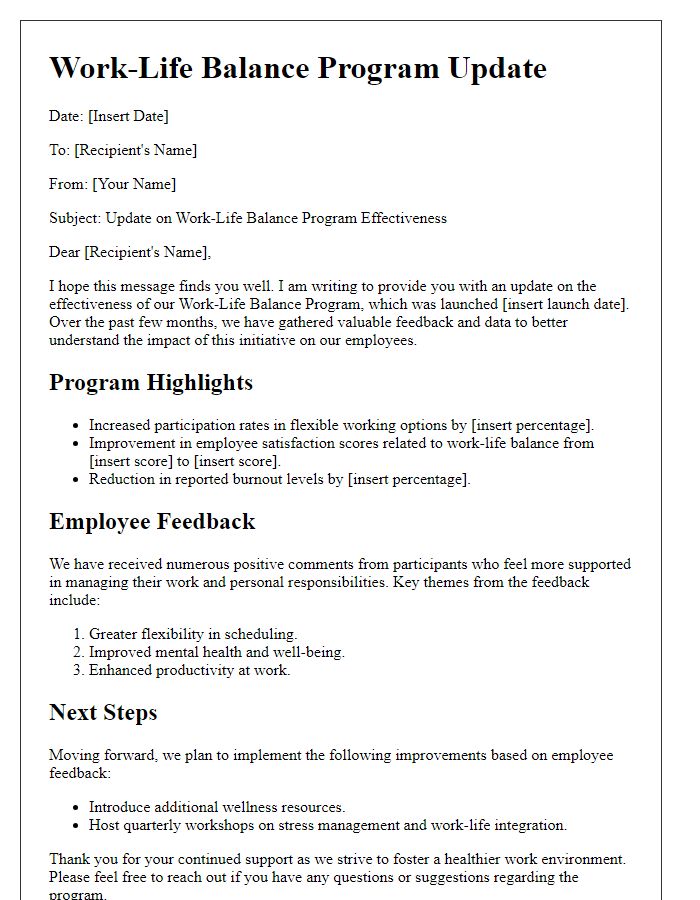 Letter template of an update on work-life balance program effectiveness