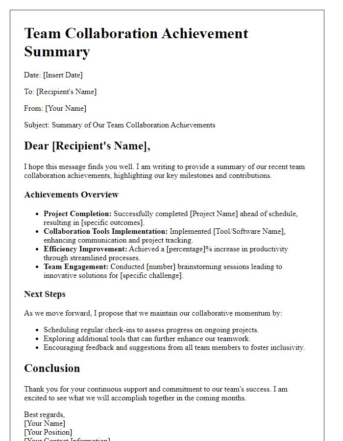 Letter template of team collaboration achievement summary