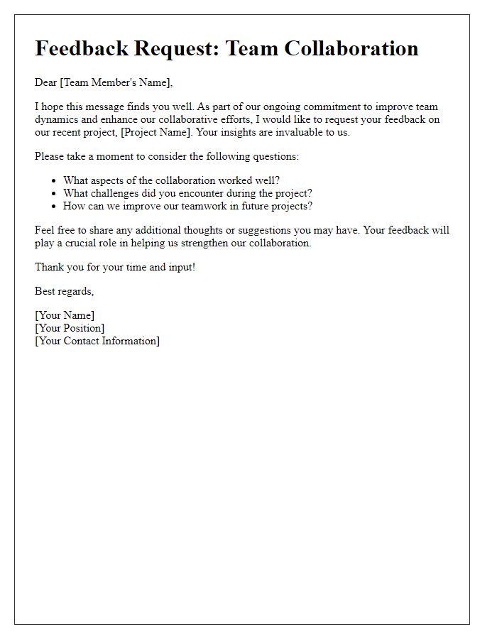 Letter template of team collaboration feedback request
