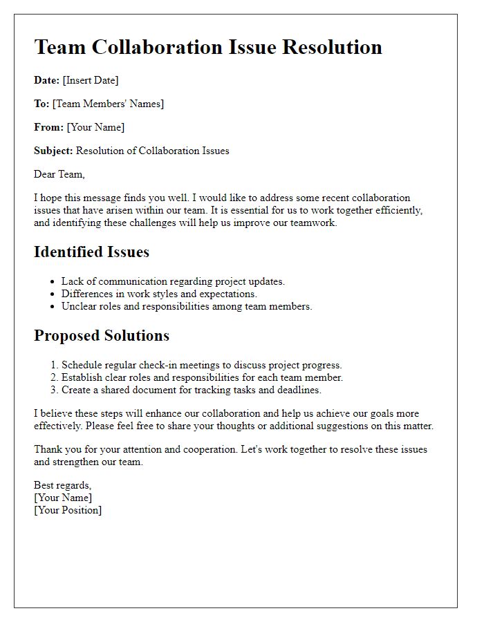 Letter template of team collaboration issue resolution