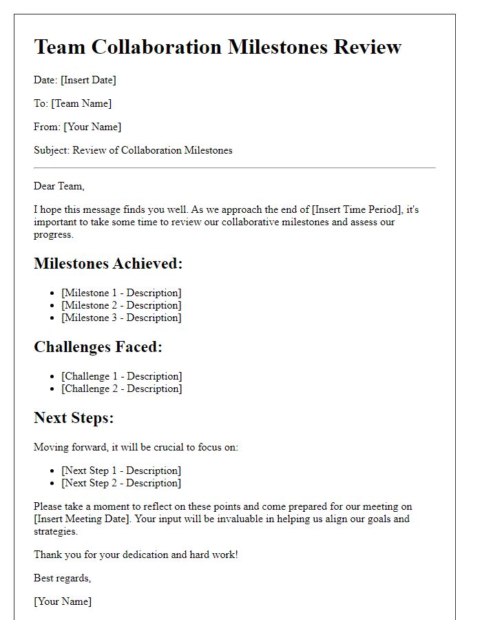 Letter template of team collaboration milestones review