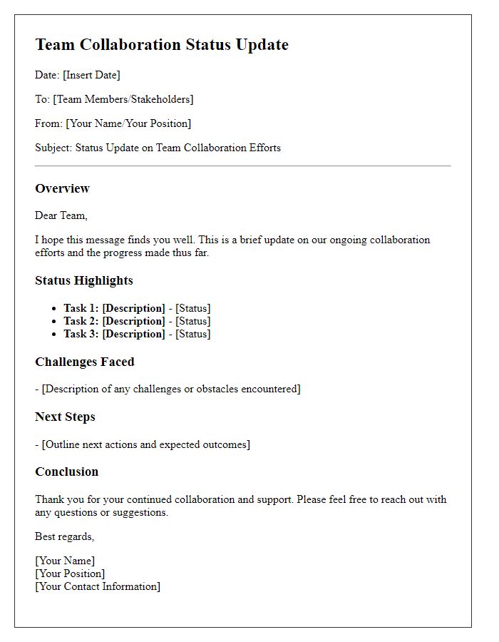 Letter template of team collaboration status update