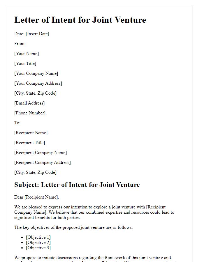 Letter template of joint venture intentions