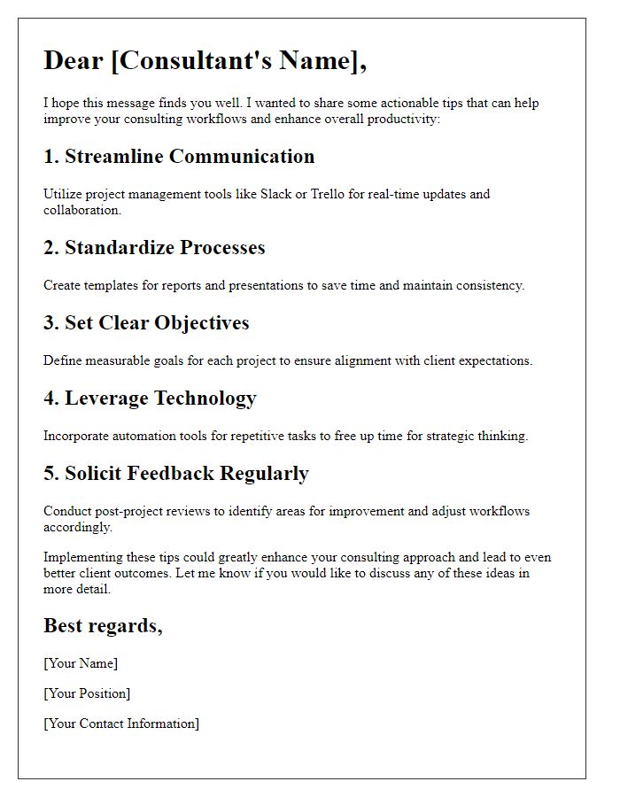 Letter template of actionable tips for improving consulting workflows.