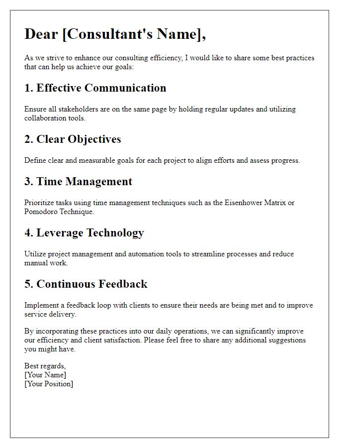 Letter template of best practices for boosting consulting efficiency.